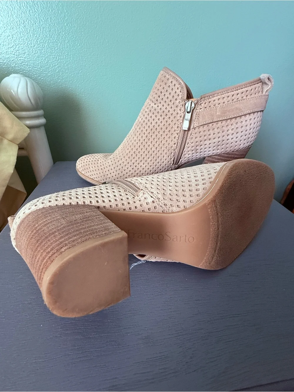 Womens Beige Perforated Ankle Booties - Franco Sarto